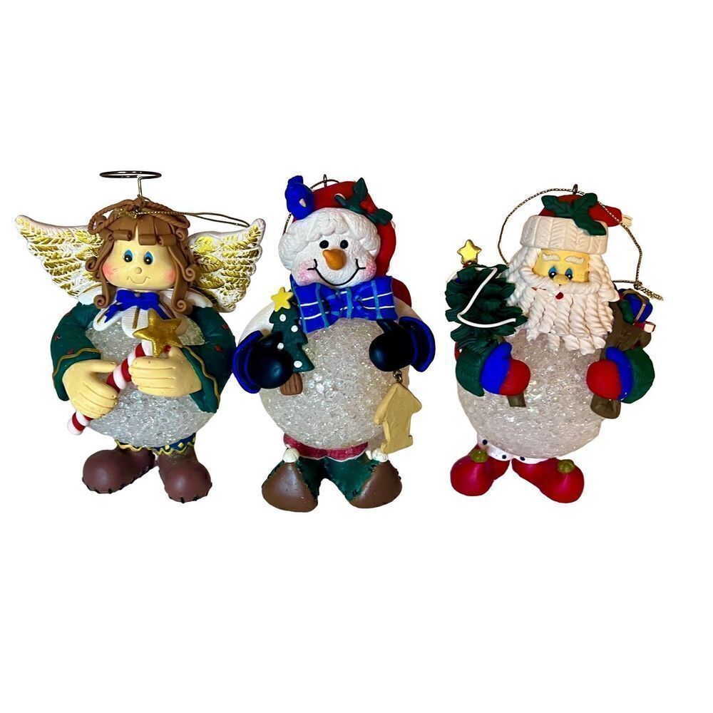 VTG Set of 3 Christmas Snowman, Angel & Santa Soft Plastic Snowball Ornaments
